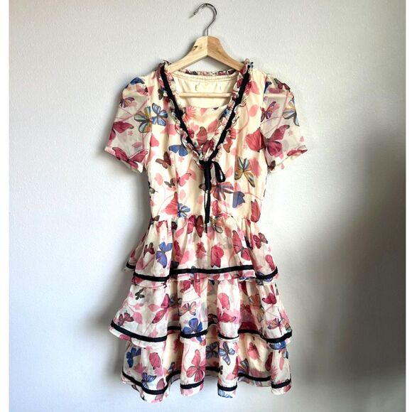 Women's Cut Ruffle Layered Chiffon Butterfly Print Sheer Coquette Dress Size S - Picture 1 of 6